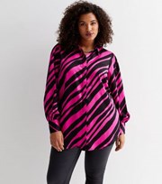 New Look Curves Pink Stripe Satin Long Sleeve Longline Shirt
